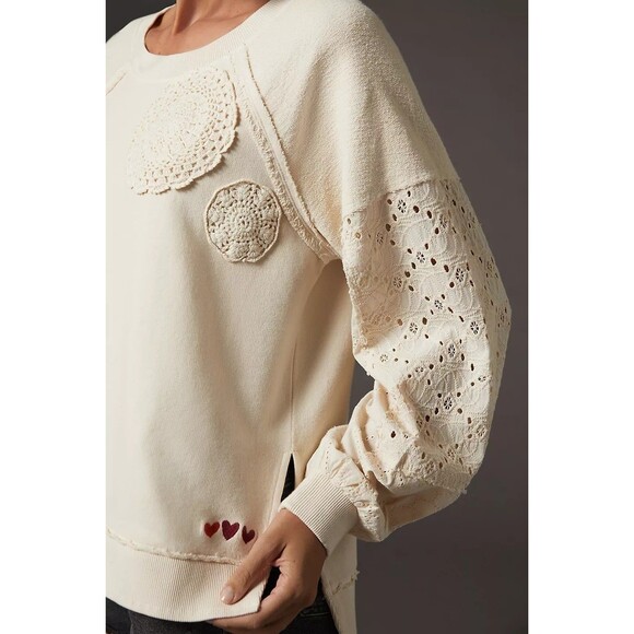 Anthropologie Pilcro Doily Sweatshirt Top Eyelet Embroidered Crochet S 281804 - Picture 4 of 10